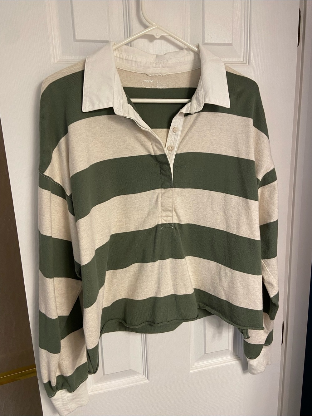 aerie Olive & Cream Striped Rugby Polo